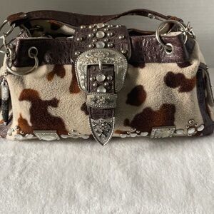Cow Print Brown and Cream Shoulder Bag with Western Glam